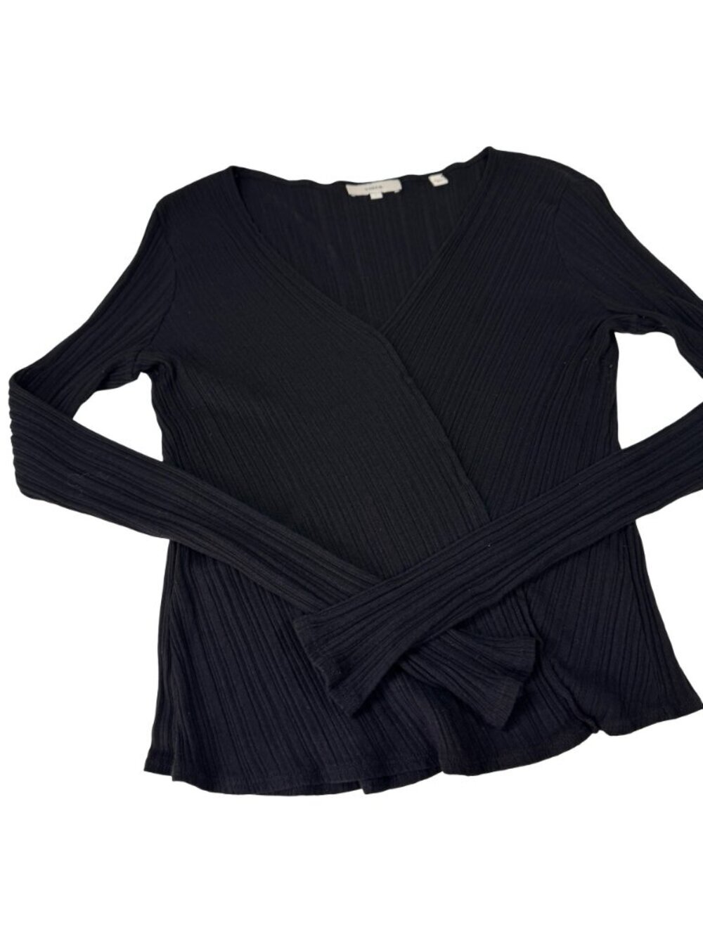 Vince Rib-Knit Deep V Wrap Top Sz L Black Minimalist Goth Capsule Wardrobe - Picture 6 of 11